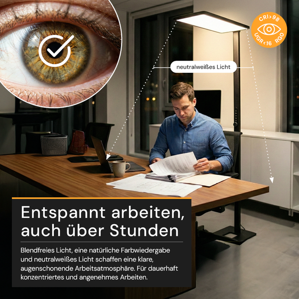 LED-Büro-Stehleuchte mit neutralweißem, blendfreiem Licht für augenschonendes Arbeiten am Schreibtisch.