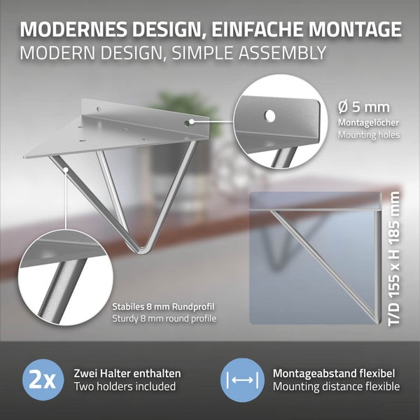ML-Design 6 Stück Regalhalterung 160 mm, Grau, aus Metall, Dreieckige Regalhalterungen, Schwebe Regalwinkel, Haarnadel Wandhalterung, Prisma Regalträger Wandmontage, Hairpin Wandregal Wandkonsole