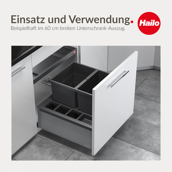 Hailo Abfalltrennsystem eingebaut in einen 60 Zentimeter breiten Küchenunterschrank-Auszug. Hailo Logo.