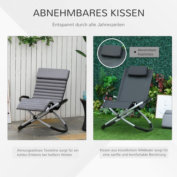 Garten-Schaukelstuhl mit atmungsaktivem Texteline und abnehmbarem Kissen aus künstlichem Wildleder.