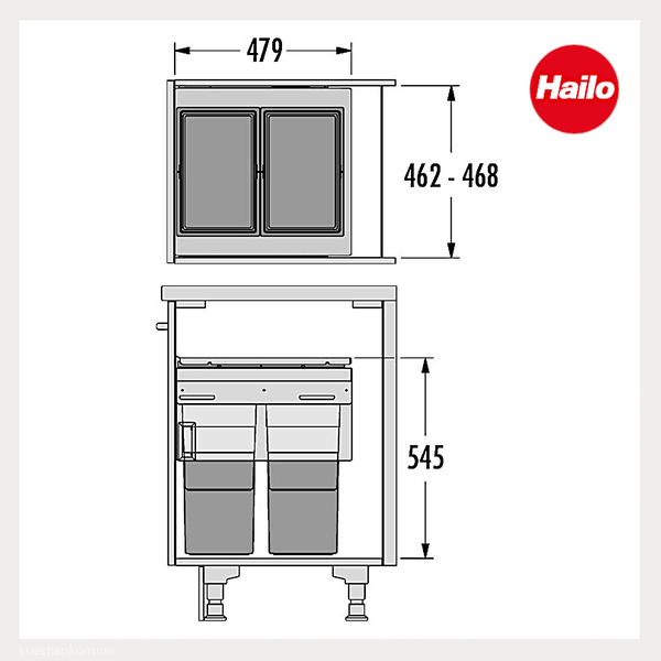 Maßzeichnung für Hailo Abfalltrennsystem, Breite 479 Millimeter, Tiefe 462 bis 468 Millimeter, Höhe 545 Millimeter, Hailo Logo.