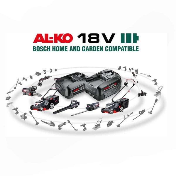 AL-KO Logo, 18 Volt Akku-Gartengeräte-System, kompatibel mit Bosch Home and Garden, inklusive Rasenmäher, Heckenschere, Laubbläser und Kettensäge.
