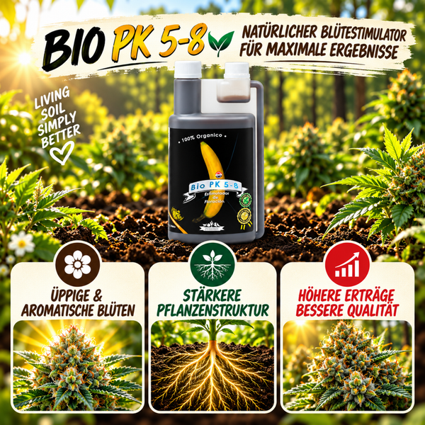 Bio PK 5-8 Blütestimulator für Pflanzen in Flasche mit Dosierkammer zur Förderung von Blüten und Ertrag im ökologischen Anbau