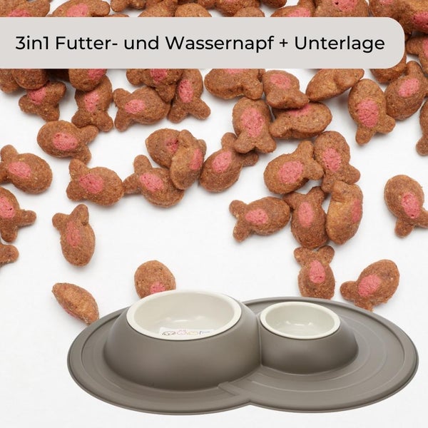 Futterstation Katze Hund 2 Näpfe Katzenbar rutschfest Futterbar Hundebar Futternapf Wassernapf Unterlage Matte Welpen spülmaschinenfest