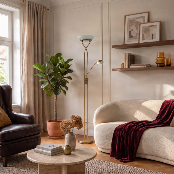 Wohnzimmer mit moderner Stehleuchte neben einer Zimmerpflanze, einem Ledersessel und einem hellen Sofa mit roter Decke.