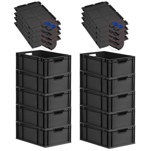 PROREGAL SuperSparSet 10x Eurobox NextGen Grip mit Scharnierdeckel und blauen Schiebeschnappverschlüssen, HxBxT 22x40x60cm, 44 Liter, Schwarz, Griffe offen, Verstärkter Boden, Eurobehälter, Transportbox, Transportbehälter, Stapelbehälter