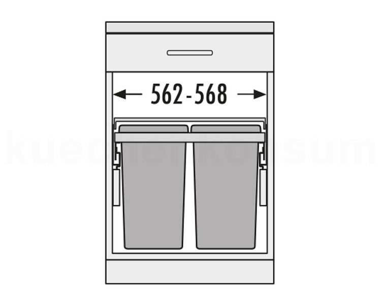 Skizze eines Abfalltrennsystems für Küchenschränke mit zwei Eimern und Einbaubreite von 562 bis 568 Millimeter.