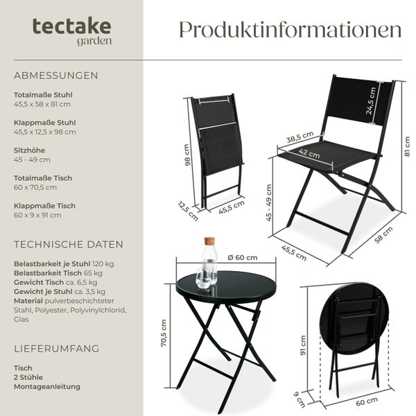 Bistro-Set tectake Düsseldorf Tisch mit Sicherheitsglasplatte klappbar, für 2 Personen schwarz