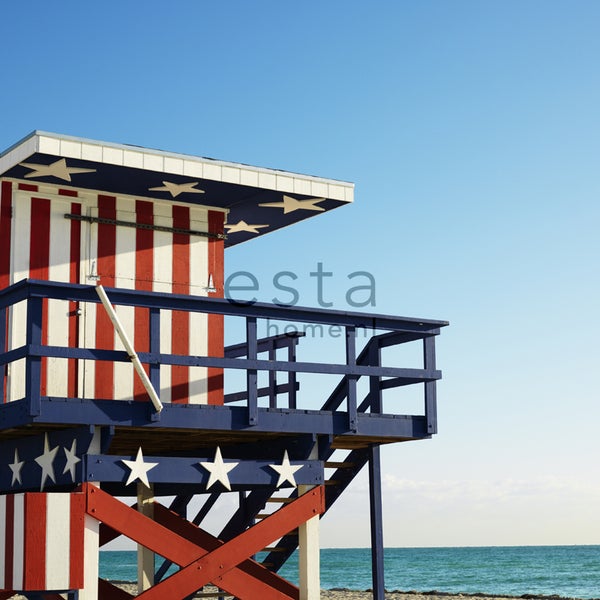 ESTAhome Fototapete Strandhaus-Motiv Rot, Weiß und Blau - 232,5 x 270 cm - 156514