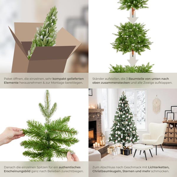 Montageanleitung für einen künstlichen Weihnachtsbaum in vier Schritten, vom Auspacken bis zum geschmückten Baum im Wohnzimmer.