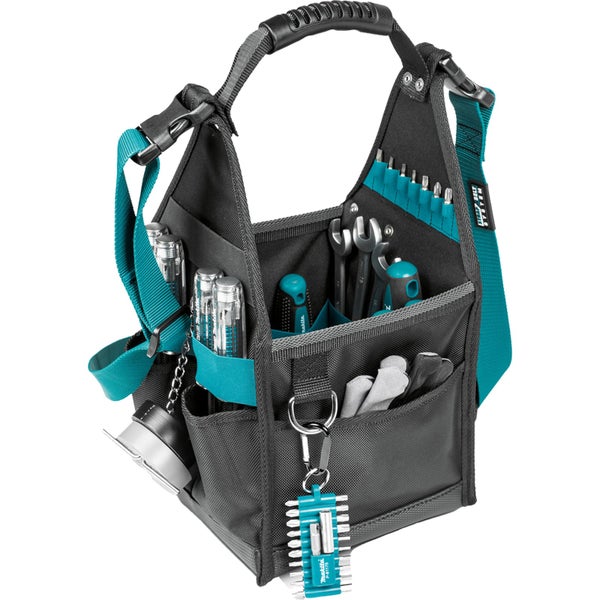 Offene Werkzeugtasche in Schwarz und Türkis mit Tragegriff, Schultergurt und zahlreichen Fächern, gefüllt mit diversen Handwerkzeugen.