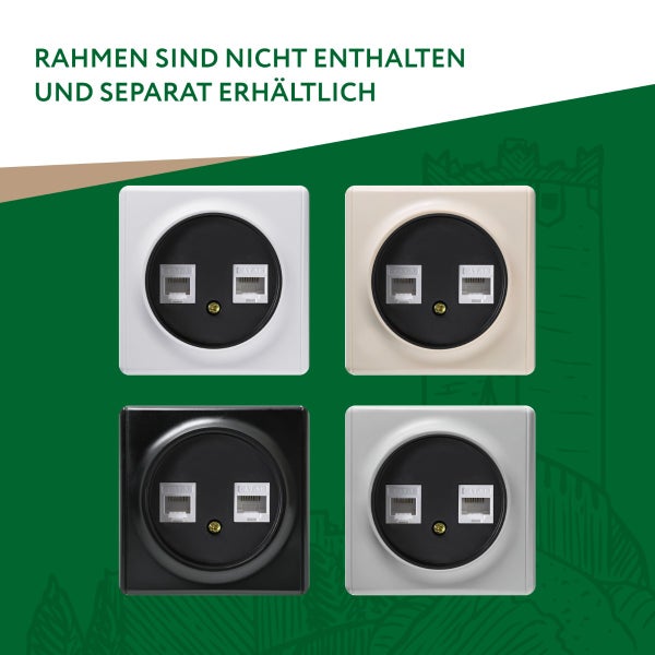 Vier Netzwerkschnittstellen Einsätze mit zwei Anschlüssen für Datenkabel, Rahmen sind nicht enthalten.