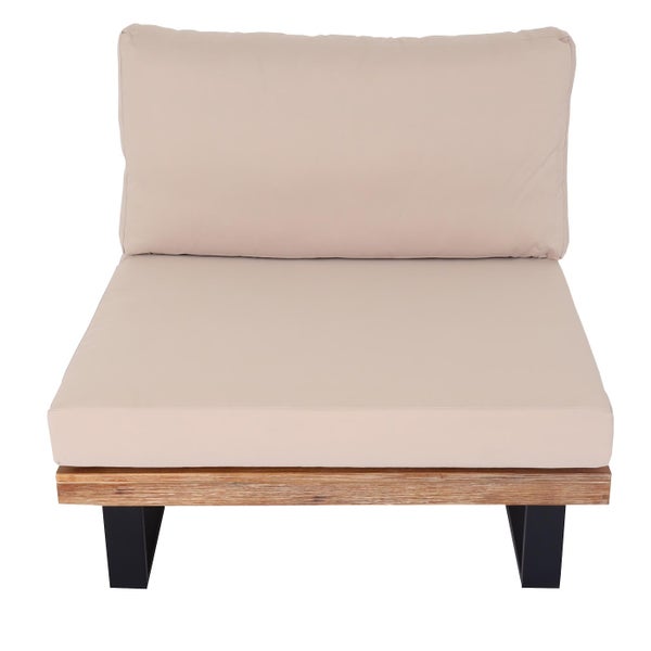 Modulares Garten-Loungesessel-Element mit Holzgestell, schwarzen Metallfüßen und hellbeige Sitz- und Rückenkissen.