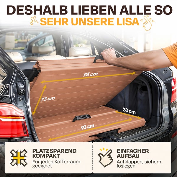 Klappbarer Sichtschutz LISA im Kofferraum. Maße: 93 Zentimeter mal 73 Zentimeter, Tiefe 28 Zentimeter. Platzsparend und einfacher Aufbau.