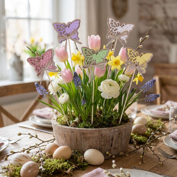 Ostergesteck mit Frühlingsblumen, Holzschmetterlingen und Eiern in einer Holzschale auf einem Esstisch dekoriert.