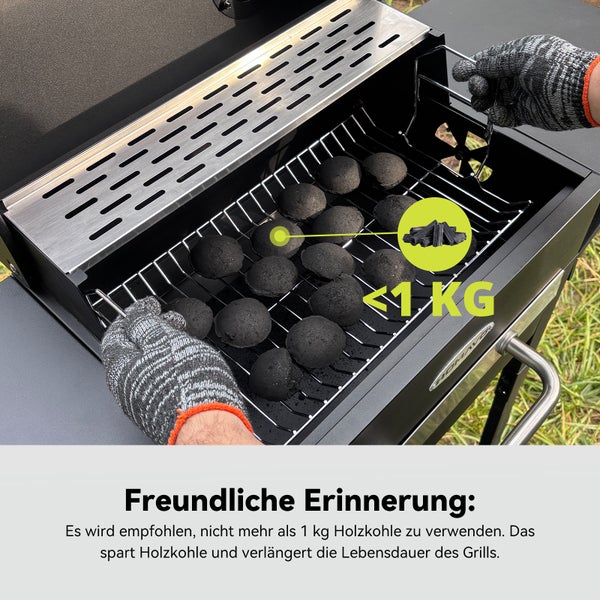 Holzkohlegrill mit Grillrost und Briketts, Hinweis auf weniger als 1 Kilogramm Holzkohle und Tenneker Logo.