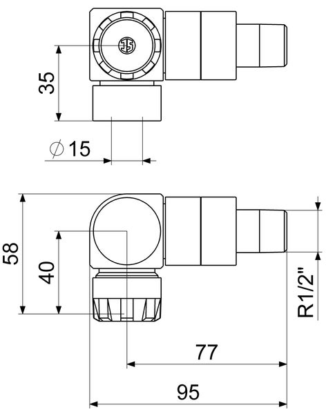 Maßzeichnung Heizkörper Winkelventil mit Maßen in Millimeter 35, Durchmesser 15, 58, 40, 77 und 95 sowie Anschluss R ein halb Zoll.