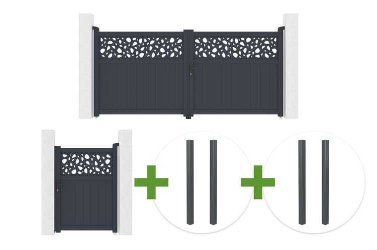 Set bestehend aus einem zweiflügeligen Einfahrtstor und einem Gartentor aus Aluminium mit dekorativem Ausschnitt und passenden Pfosten.