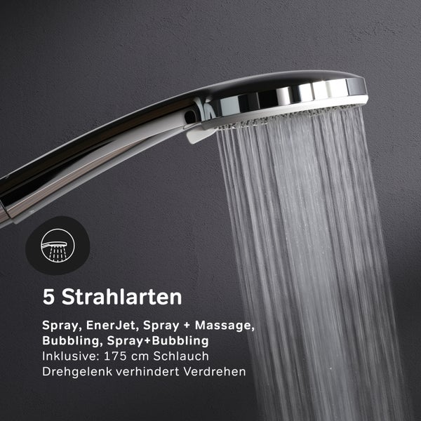 Handbrause mit fünf Strahlarten: Spray, EnerJet, Spray und Massage, Bubbling, Spray und Bubbling inklusive 175 Zentimeter Schlauch