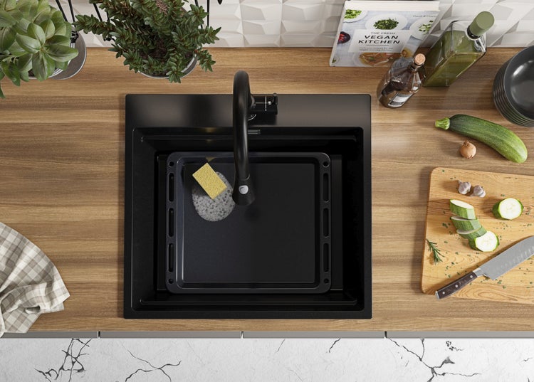PRIMAGRAN Spülbecken Alles Schwarz 58x53cm, Granitspüle 1 Becken + Ablauf-Set + Aufrollbare Abtropffläche, Küchenspüle ab 60er Unterschrank - Oslo Max