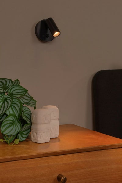 Szene mit Wandleuchte, Pflanze und Dekoration auf einem Nachttisch