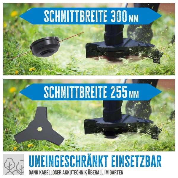 Akku-Rasentrimmer mit 300 Millimeter Schnittbreite mit Faden und 255 Millimeter mit Messer, kabellos einsetzbar im Garten.