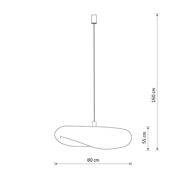 Skizze einer Pendelleuchte mit Maßen: Gesamthöhe 160 Zentimeter, Schirmhöhe 55 Zentimeter, Breite 80 Zentimeter.