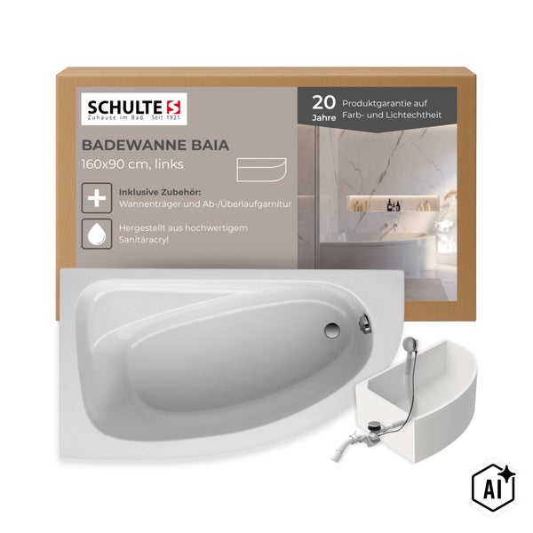 Schulte Badewanne Baia 160x90 cm links aus Sanitäracryl inklusive Wannenträger und Ablaufgarnitur