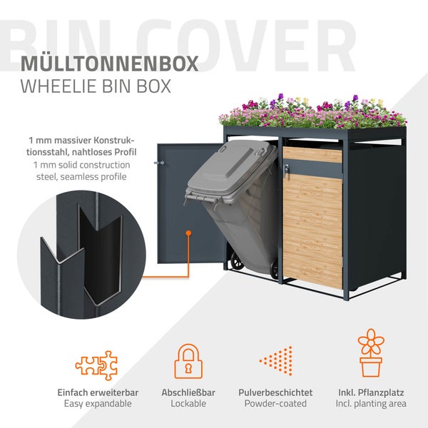 ML-Design Mülltonnenbox 2er mit Pflanzdach für 2 Tonnen, 240L 132x80x124 cm Lärchenoptik, Stahl, wetterfest, Abschließbare Mülltonnenverkleidung mit Tür, Müllbox Mülltonnecontainer Mülltonnenabdeckung