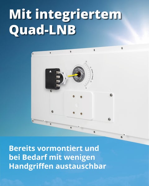 Flachantenne mit integriertem Quad LNB, vormontiert und austauschbar mit Winkelskala zur Satellitenausrichtung.