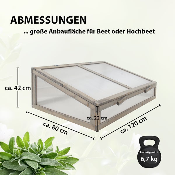 Frühbeetaufsatz aus Holz 120 x 80 cm Frühbeetkasten für Hochbeete Gewächshaus Pflanzkasten in grau