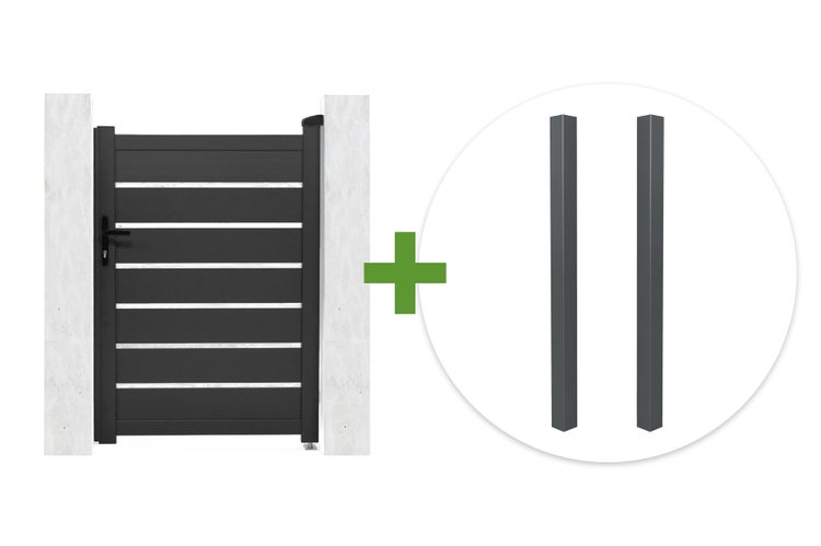 Aluminium Gartentor in Anthrazit mit Querstreifen inklusive zwei passender Metallpfosten.