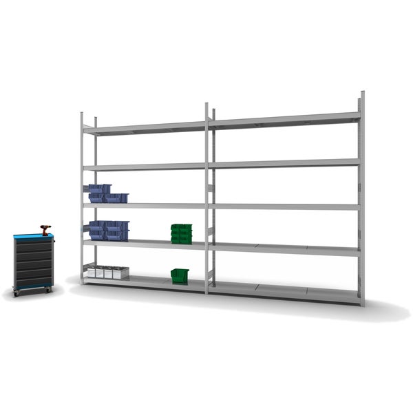 PROREGAL Weitspannregal Stecksystem T-Profil Grundregal HxBxT 300x225x40 cm 5 Ebenen Stahlplatten Fachboden Fachlast 350 kg Verzinkt