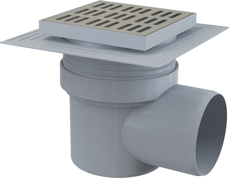 Bodenablauf aus Kunststoff mit quadratischem Edelstahlrost und seitlichem Abgang.