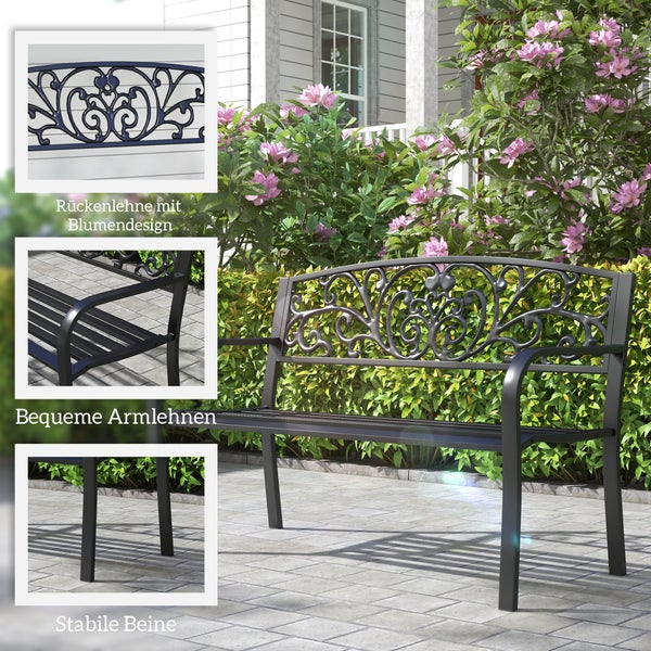 Outsunny wetterfeste Sitzbank, 2 Sitzer Balkonbank, bis 250 kg Belastbar für Balkon, 127cm x 60cm x 87cm, Metall, Schwarz