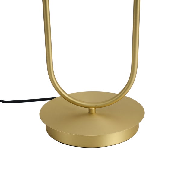 Runder Lampenfuß aus Metall in Messing-Optik mit U-förmigem Bügel und schwarzem Kabel.