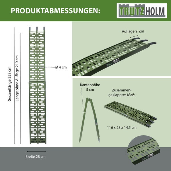 TRUTZHOLM 2 x Auffahrrampen klappbar 228 cm Traglast 680 kg Alu oliv gelocht Rampen Motorradrampen