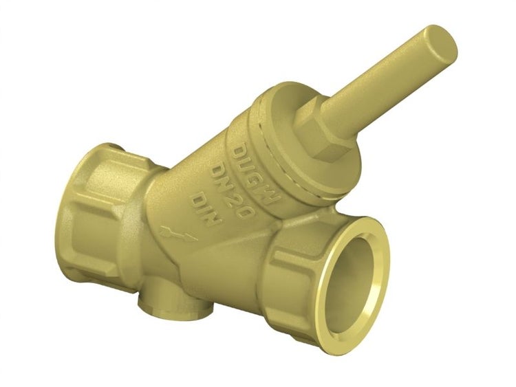 Schrägsitzventil aus Messing mit Trinkwasserzulassung, Nennweite 20, nach DIN-Norm.