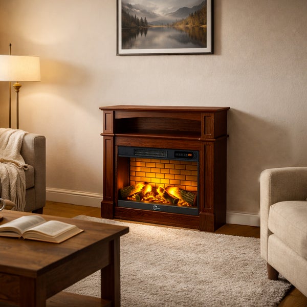 Elektrischer Kamin mit Holzumrandung in einem hellen Wohnzimmer mit Couch, Teppich und Couchtisch.