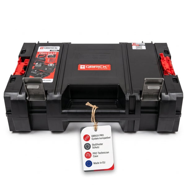 Qbrick System Pro Toolcase Werkzeugkoffer aus Kunststoff mit Schnappverschlüssen und Anhänger mit Produktinformationen