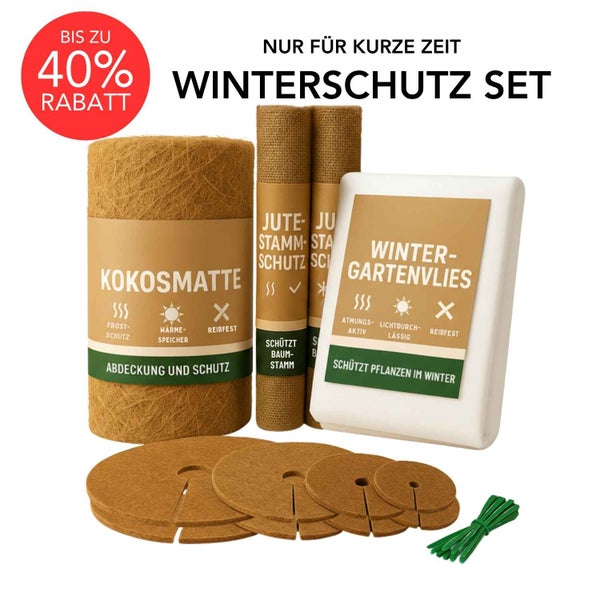 Winterschutz Set bestehend aus Kokosmatte, Jute Stamm Schutz, Wintergartenflies und Kokosbaumscheiben für Pflanzen