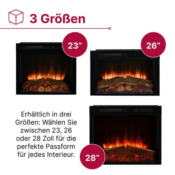 Elektrische Kamineinsätze in drei Größen: 23 Zoll, 26 Zoll und 28 Zoll mit Flammenbild und Holzscheit-Dekoration.