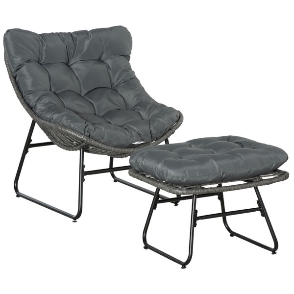 Outsunny Rattan Relaxsessel mit Fußhocker, mit Kissen, 69 x 76 x 70 cm, Stahl Polyester, Grau
