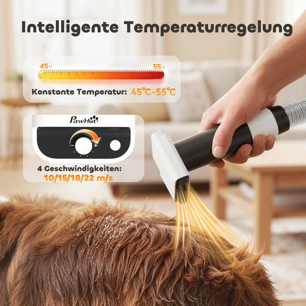 PawHut Tierhaartrockner mit intelligenter Temperaturregelung von 45 bis 55 Grad und 4 Geschwindigkeitsstufen beim Trocknen von Hundefell.