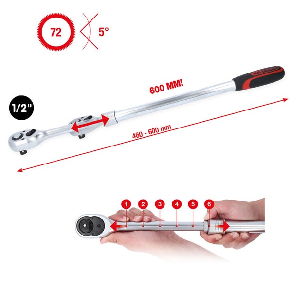 KS TOOLS 1/2 Teleskop-Umschaltknarre extra lang 72 Zahn - 914.1205