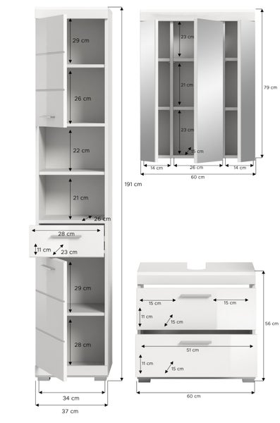 Maßzeichnung eines weißen Badezimmermöbel-Sets bestehend aus Hochschrank, Spiegelschrank und Waschbeckenunterschrank mit Angaben in Zentimeter.