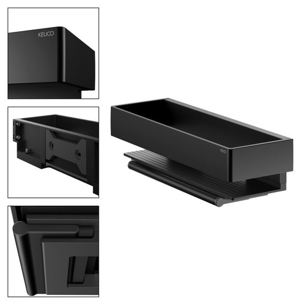 KEUCO Edition 11 Black Selection Duschkorb mit Glasabzieher, 30 cm, abnehmbar, schwarz-matt