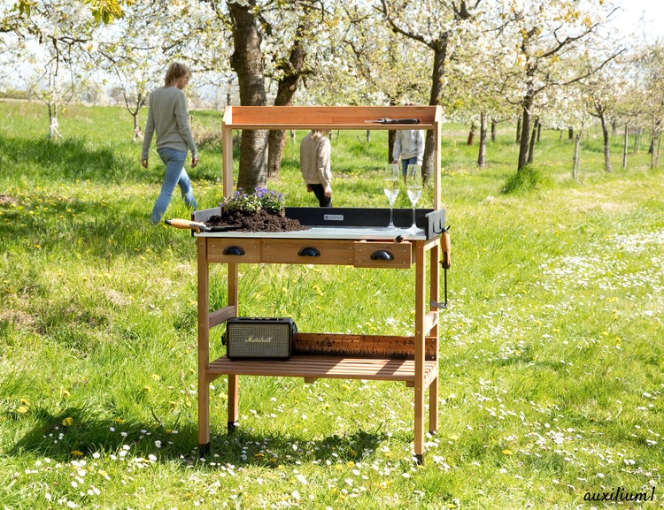 WONDERMAKE - Premium Pflanztisch aus Kirschbaum Holz mit Schubladen wetterfest, Garten-Arbeitstisch XL Outdoor draußen Balkon hochwertig, Gärtnertisch, dunkel-braun schwarz