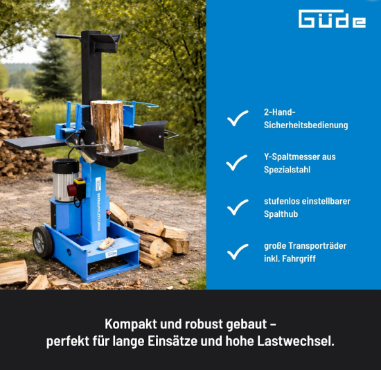 Kompakter blauer Güde Brennholzspalter mit Zweihand-Sicherheitsbedienung, Y-Spaltmesser, einstellbarem Spalthub und Transporträdern. Güde Logo.