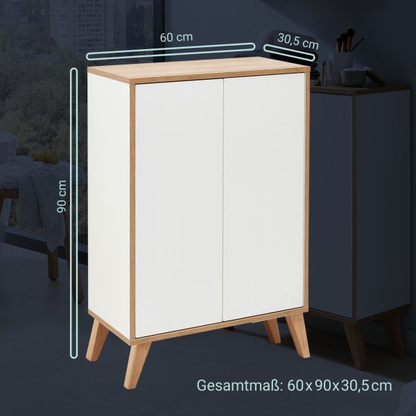FACKELMANN FINN Badmöbel Set 2 Teile / Doppel-Midischrank mit Push-to-Open fürs Bad / 4 Holzfüße / Badschrank mit 2 Türen / Korpus & Front: Weiß / Rahmendekor & Füße: Braun hell / Breite: 60 cm